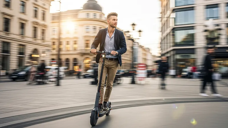 Adulte roulant en trottinette électrique en ville